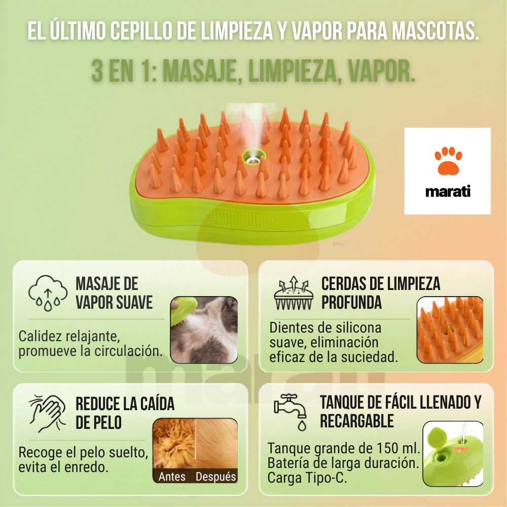 Cepillo de Vapor 3 en 1 para Mascotas - Recargable USB