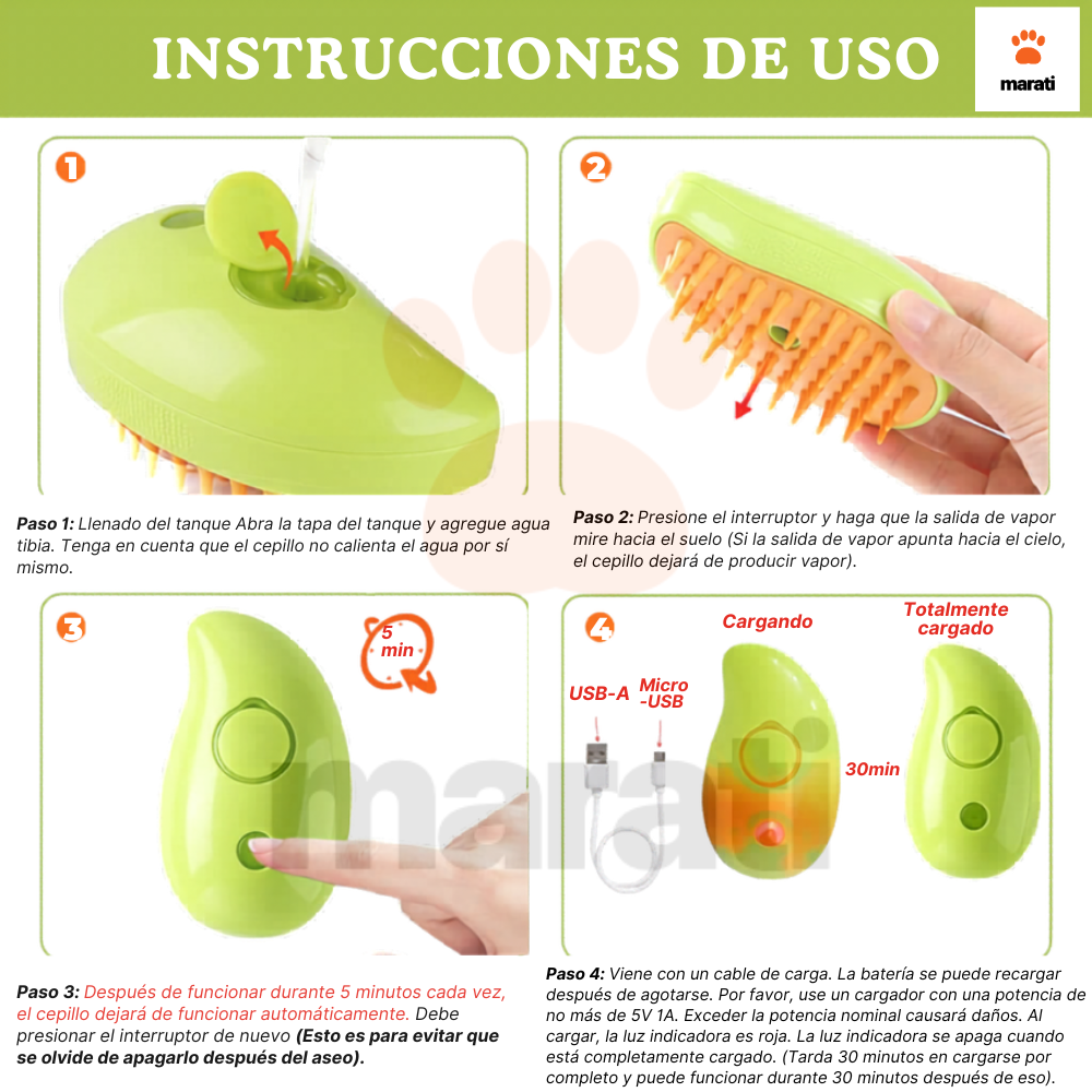 Cepillo de Vapor 3 en 1 para Mascotas - Recargable USB